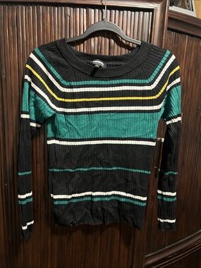 Express Black & Teal Striped Ribbed Crew Sweater